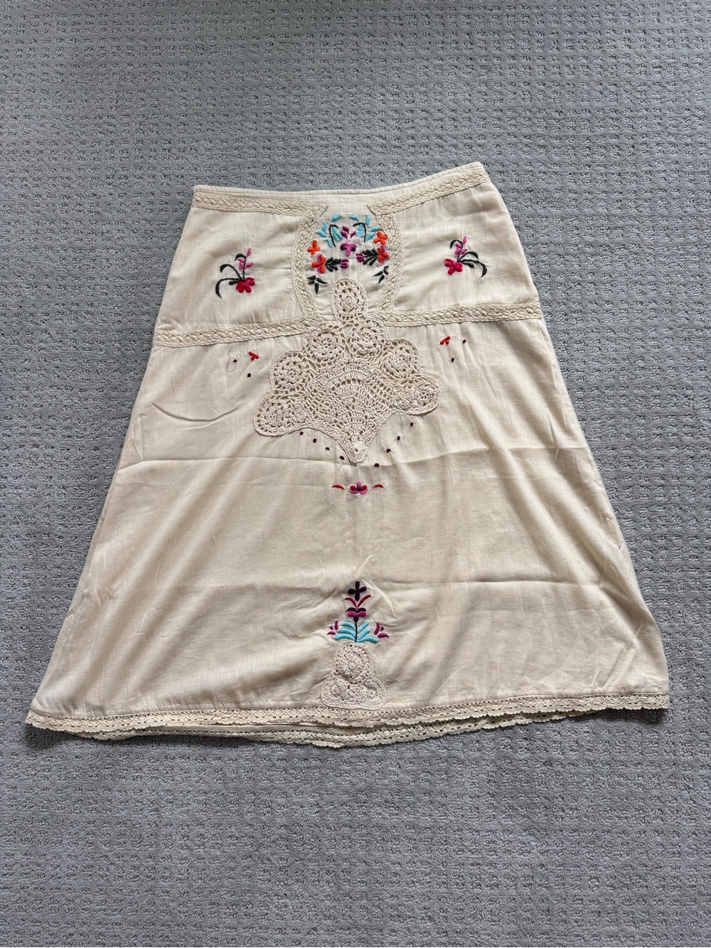 Free People Cream Embroidered A-Line Skirt with Crochet Detail